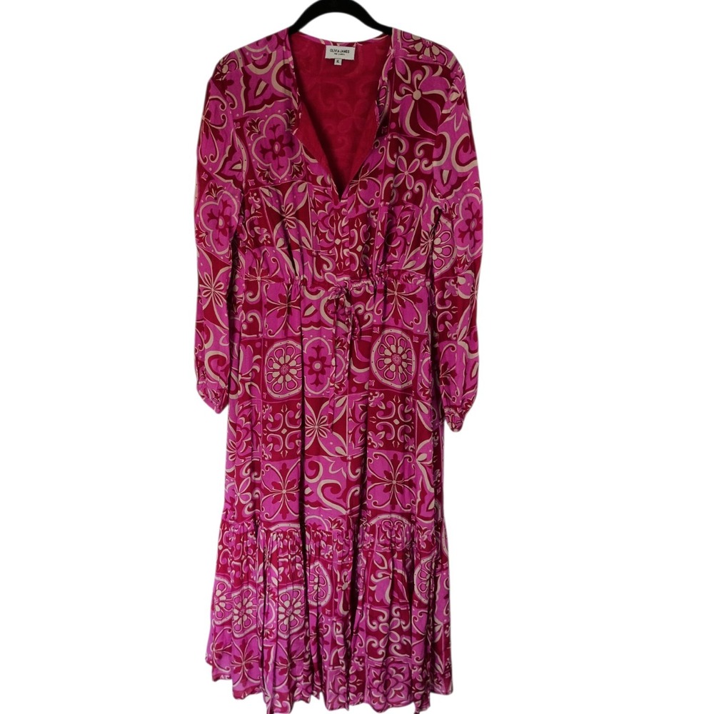 Olivia James The Label Pink Red Geometric Tile Print Tiered Midi Dress XL